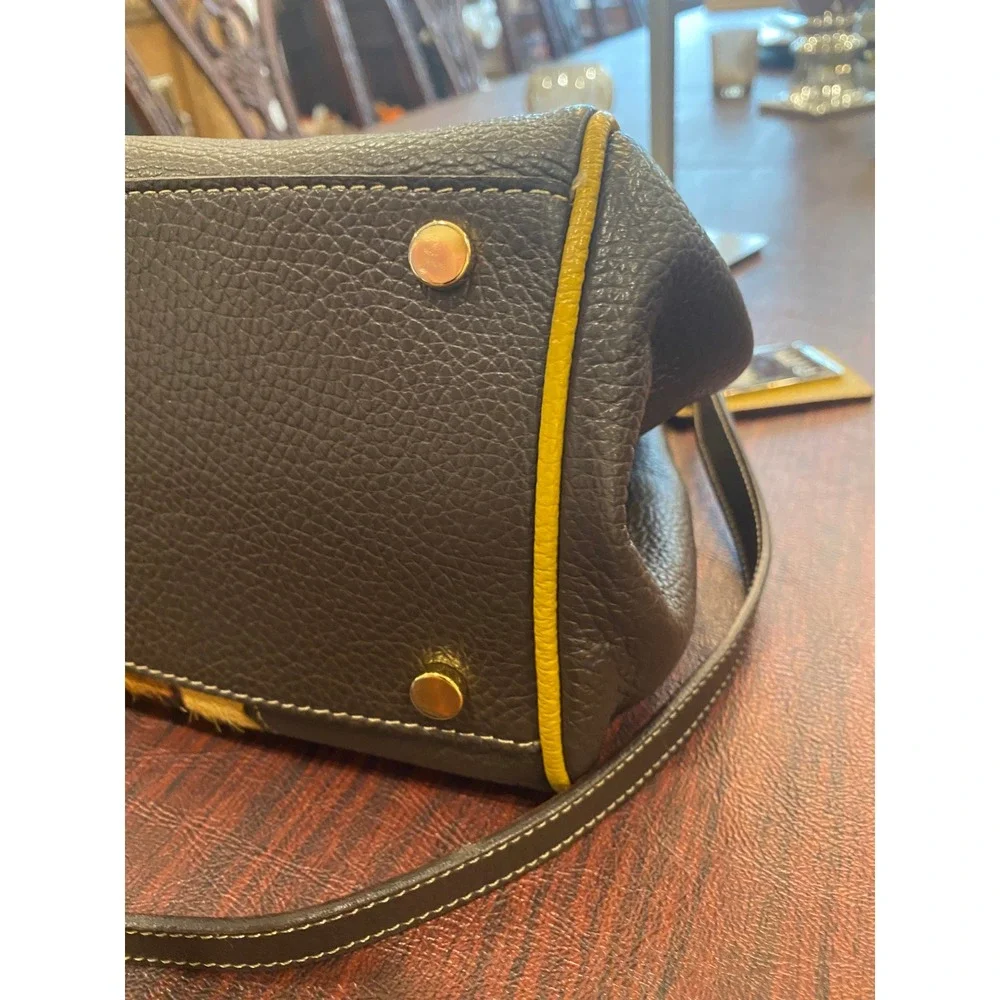Claudia‎ Firenze Leopard Calf Hair Leather Satchel Bag Yellow Trim Made in Italy